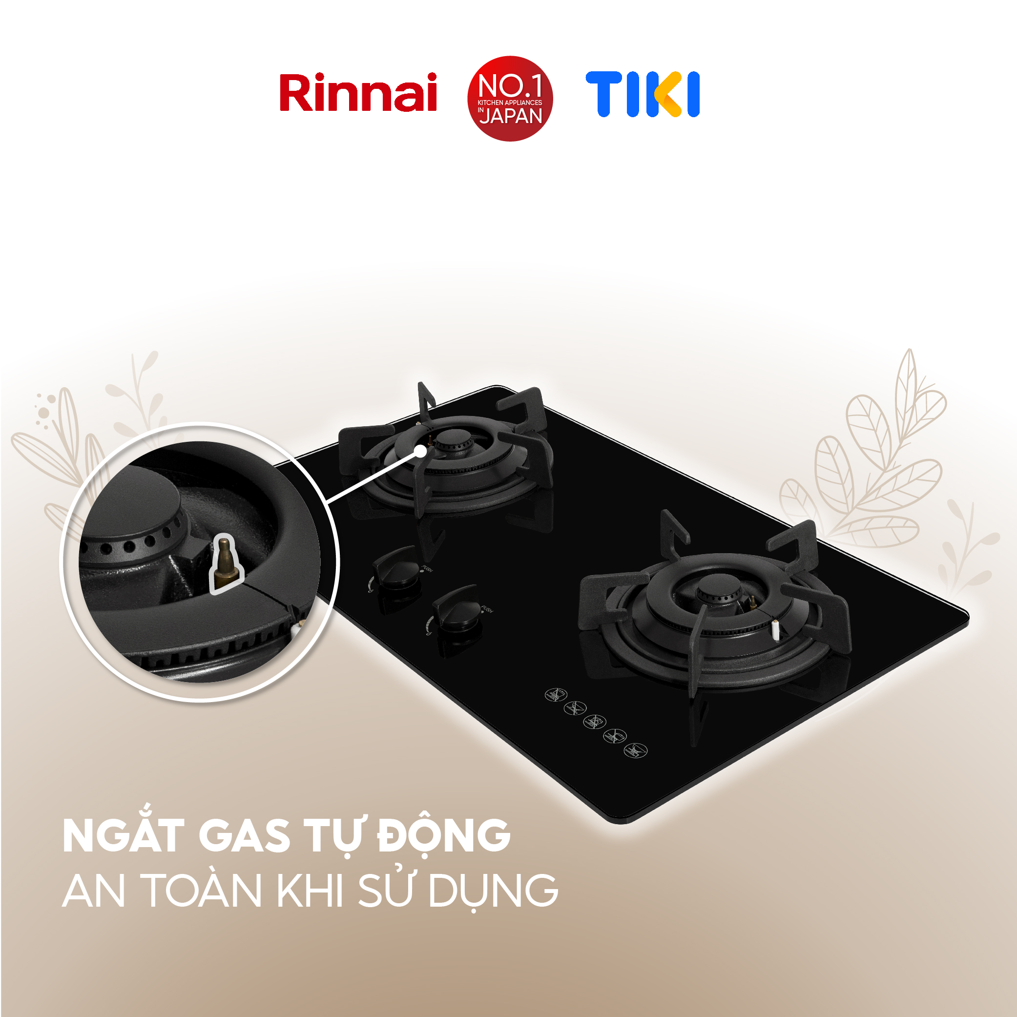 Bếp gas âm Rinnai RVB-220G(B) mặt bếp kính và kiềng bếp gang - Hàng chính hãng.