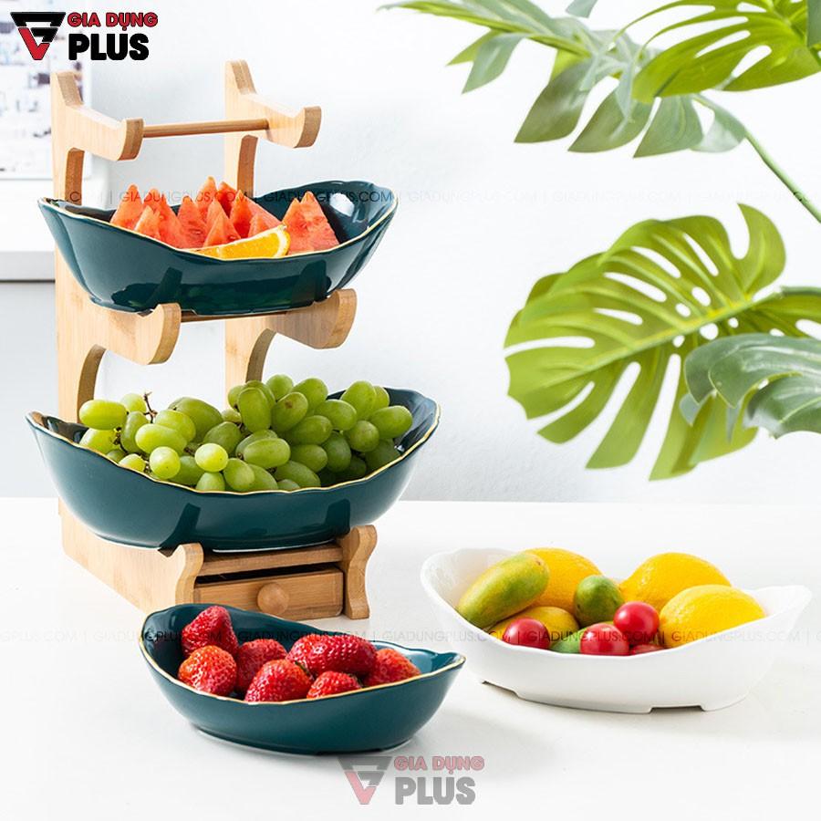 Đĩa Trái Cây Gốm Sứ Nhiều Tầng Kèm Kệ Gỗ Sang Trọng | Màu Xanh Ngọc Lục Bảo & Màu Trắng | Phong Cách Bắc Âu