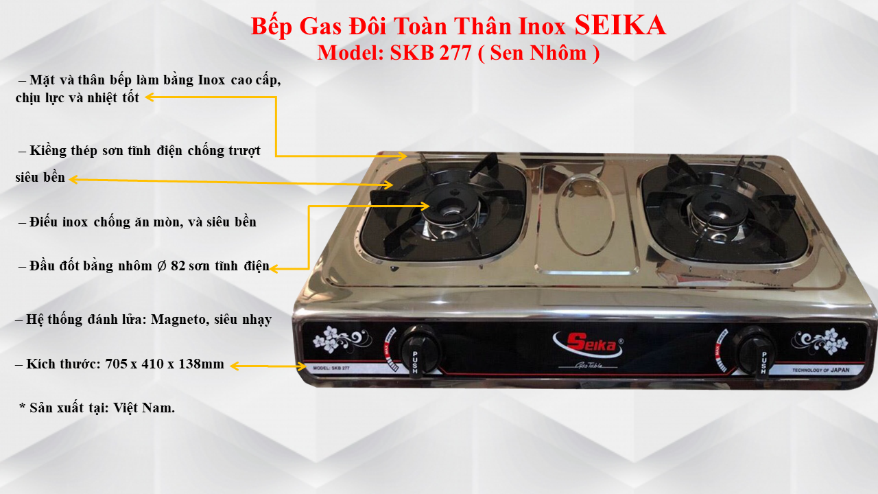 Bếp Gas Đôi Toàn Thân Inox Seika SKB277 - Hàng Chính Hãng