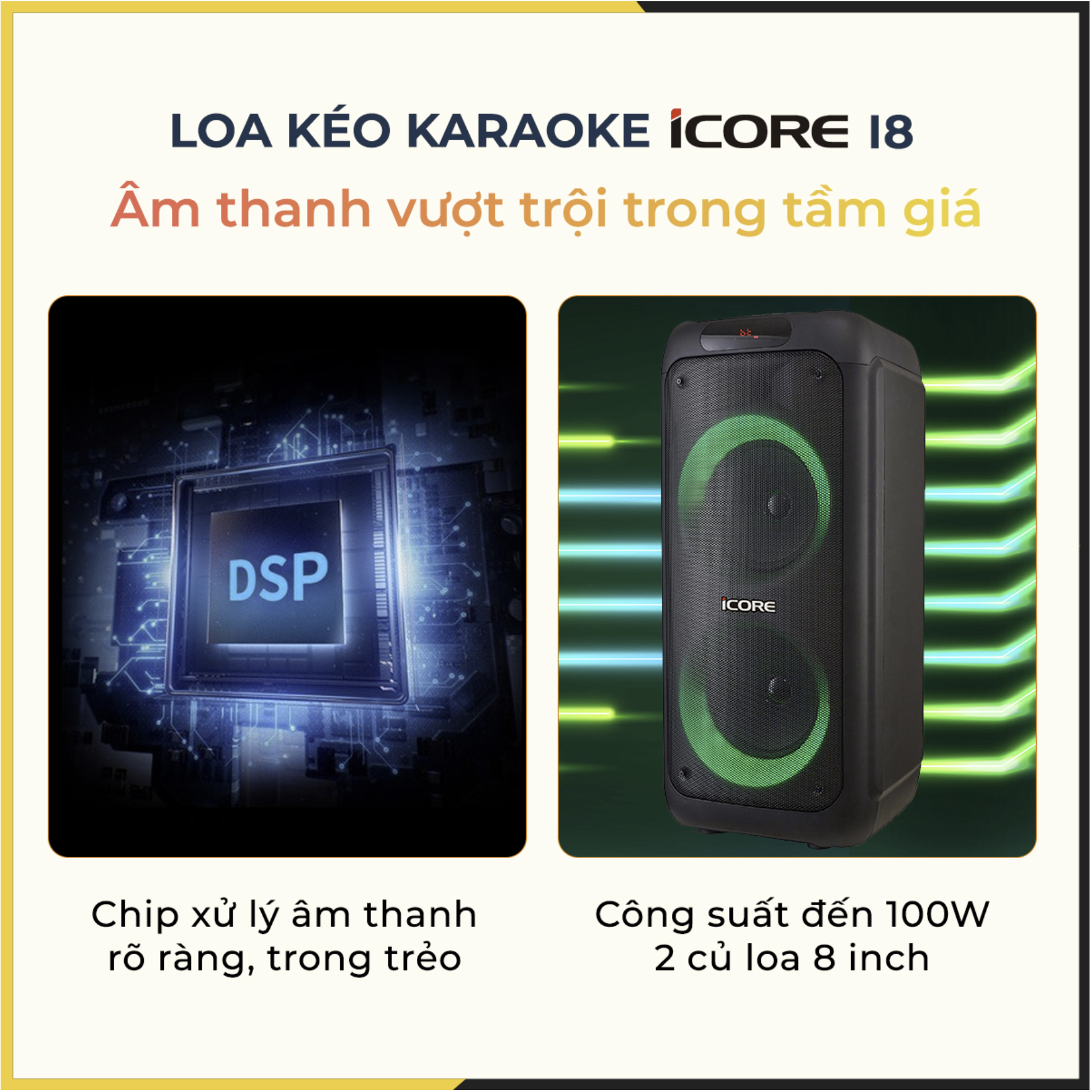 Loa Karaoke iCore i8. Loa xách tay có đèn chớp tắt. Kèm 2 Micro UHF kim loại cao cấp - Hàng Chính Hãng