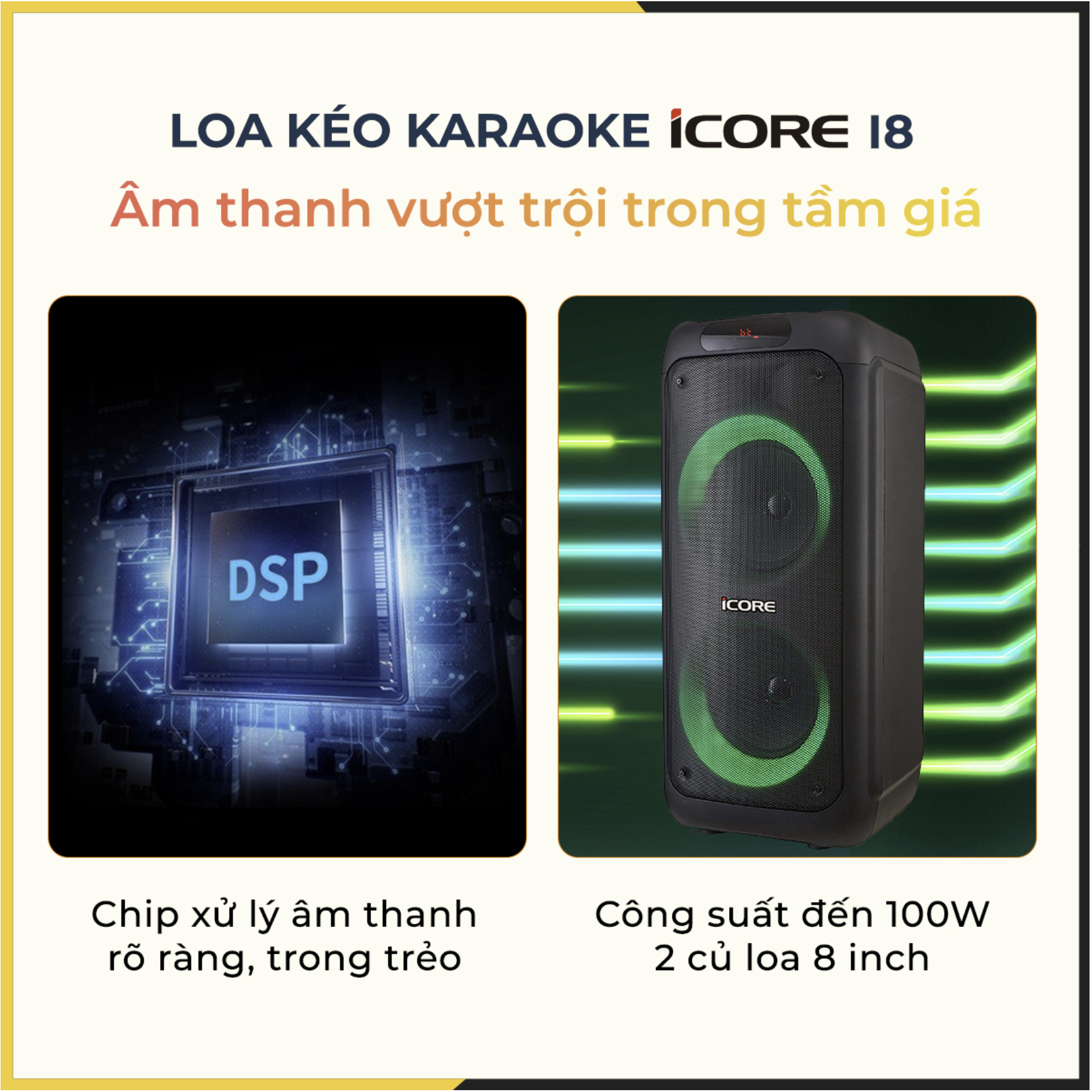 Loa du lịch iCore i8 - Loa karaoke bluetooth xách tay - Loa bass đôi - Kèm 2 micro UHF cao cấp - Hàng Chính Hãng
