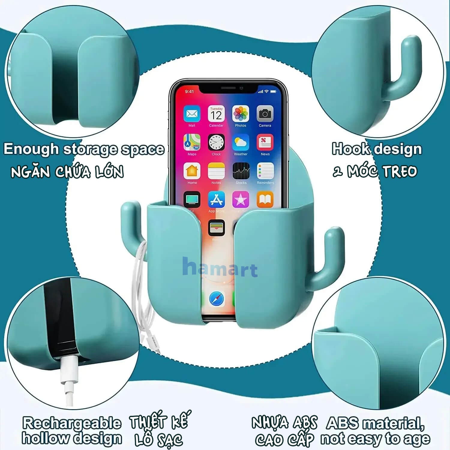 Kệ Dán Tường Để Điện Thoại Remote Hamart Đa Năng 1 Ngăn Lớn Trắng 2 Móc Treo Tiện Lợi