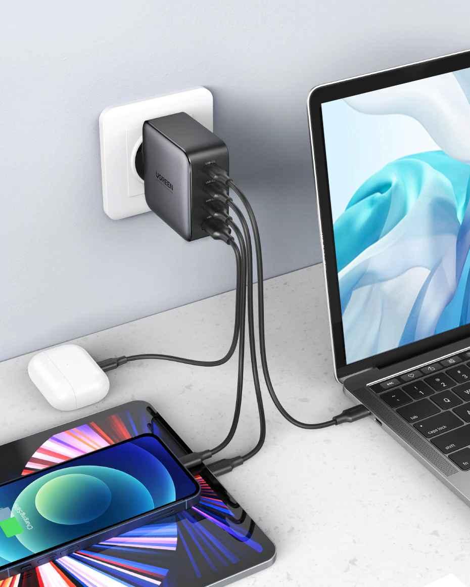 Ugreen UG90575CD226TK 100W Màu Đen Bộ sạc nhanh Nexode chip GaN gồm 3 cổng USB-C + USB-A kèm dây cáp USB-C dài 1.5M chuẩn cắm EU - HÀNG CHÍNH HÃNG