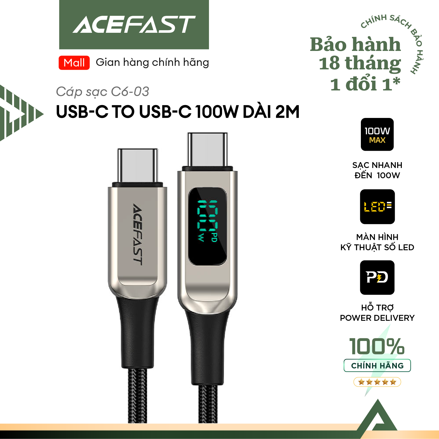 Cáp Acefast Type C to Type C 100W dài 2m - C6-03 Hàng chính hãng Acefast