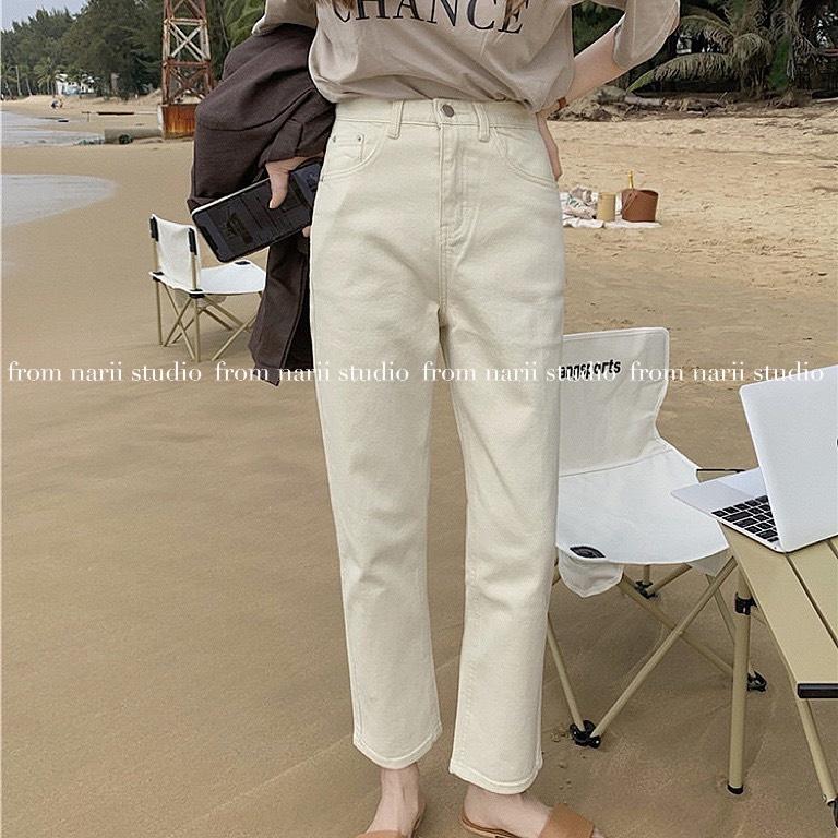 Quần jeans màu be trắng NARII quần jean nữ kaki Hàn Quốc dáng baggy