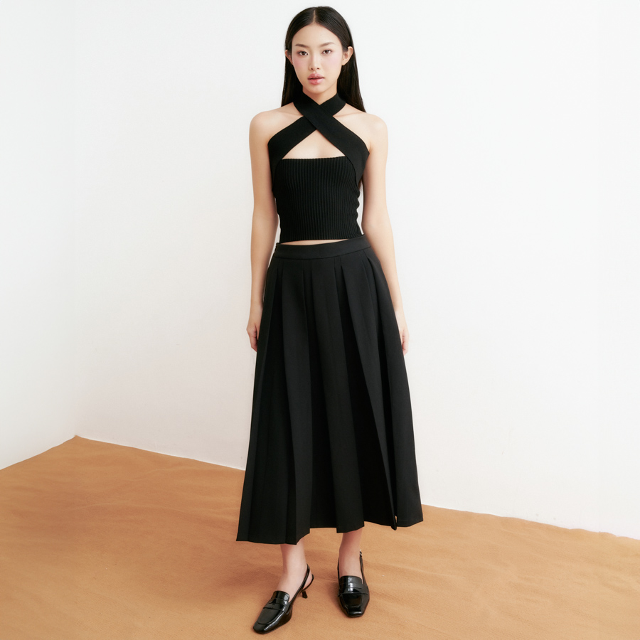DOTTIE - Chân váy midi dập ly - Đen - S0197