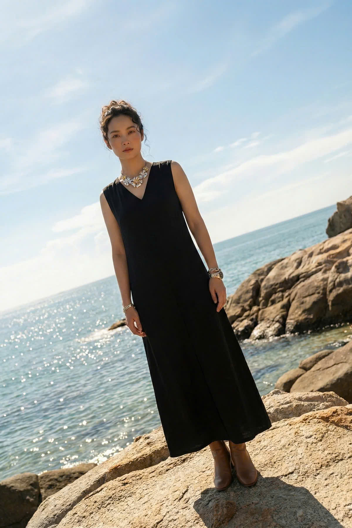 Đầm Maxi Dáng Suông Lụa Đen Hải Thạch Dre202 thời trang thiết kế Hity