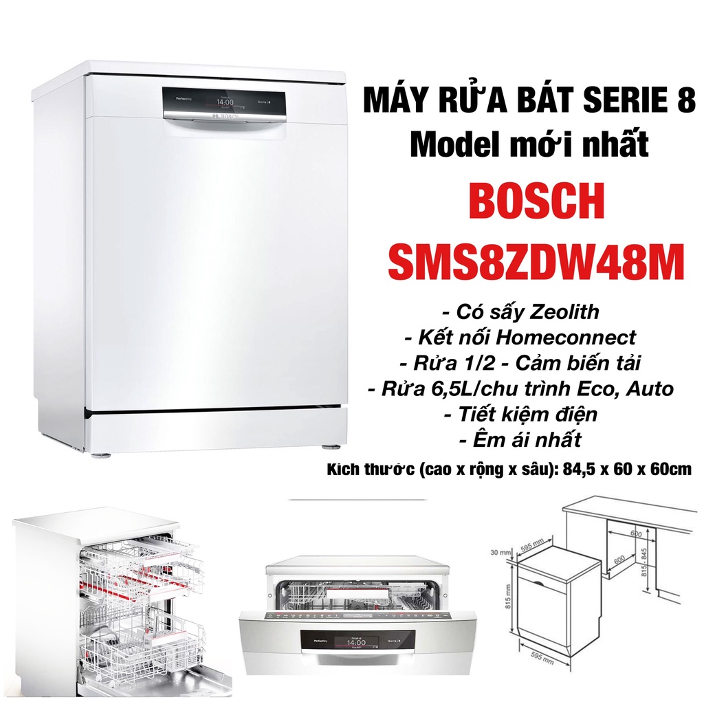 Máy rửa bát độc lập Bosch SMS8ZDW48M Serie 8, 8 chương trình rửa 14 bộ bát đĩa châu âu- Hàng chính hãng