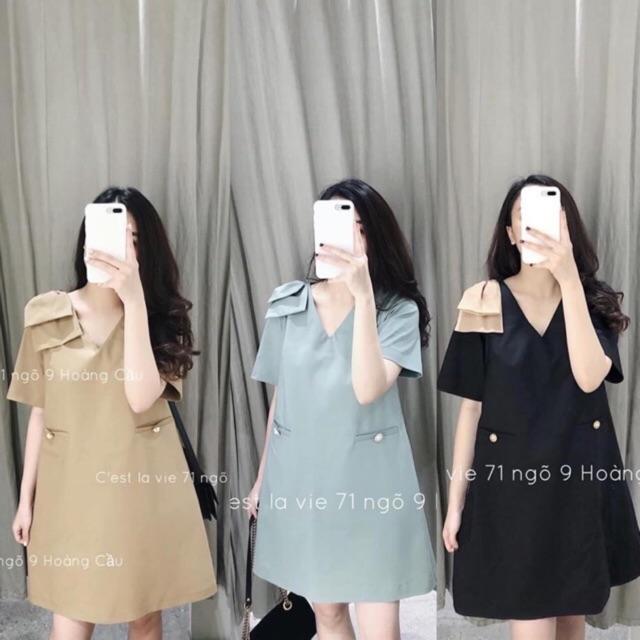Đầm suông a nơ vai 3 màubầu bí bon chen