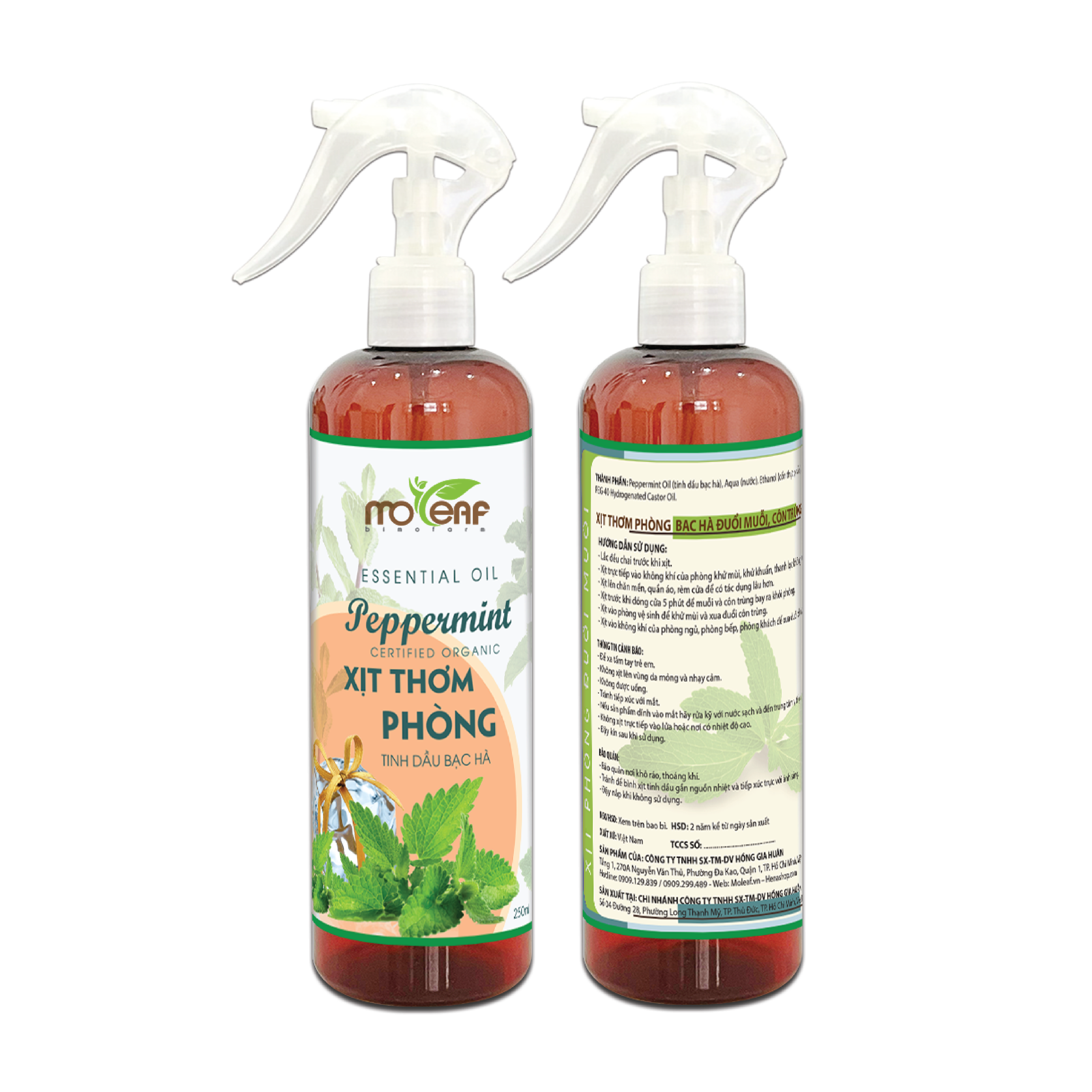 XỊT THƠM PHÒNG Moleaf - Tinh Dầu Sả Chanh, Bạc Hà, Bạch Đàn Chanh, Tràm Gió, Hương Thảo, Quế lọc không khí Đuổi Muỗi & Côn trùng 250ml