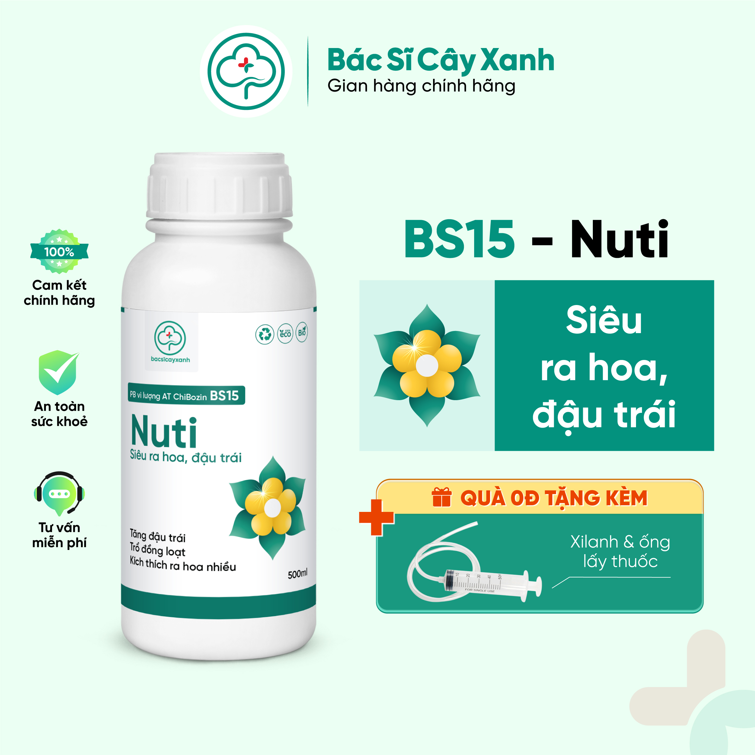 Phân bón vi lượng kích hoa nở đồng đều hàng loạt, đậu trái cao BS15 Nuti 500ml NSX Bacsicayxanh