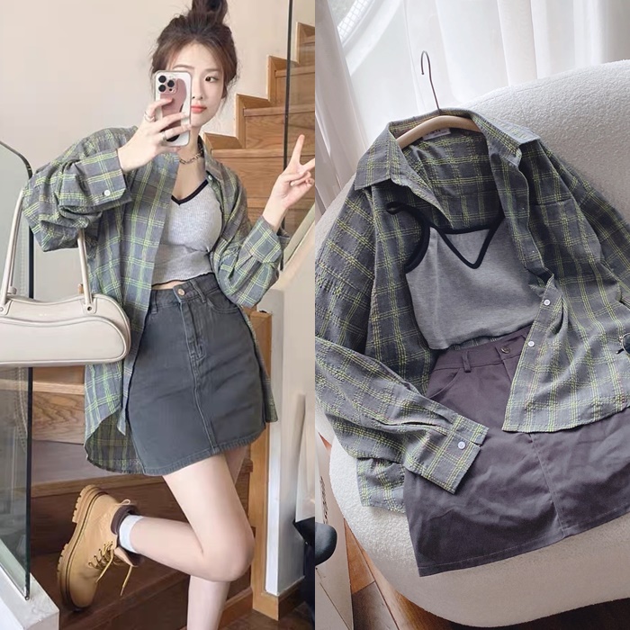 SET ÁO SƠ MI SỌC CARO RỘNG TAY DÀI RÊU + CHÂN VÁY CHỮ A KAKI LƯNG CAO XÁM + ÁO CROPTOP DÂY ĐI CHƠI DẠO PHỐ ĐI LÀM HỌC