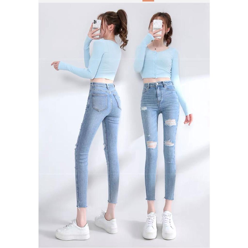 Quần jean nữ Big Size 9 tấc rách xanh nhạt rách nhiều dành cho người béo 4330 MLJ