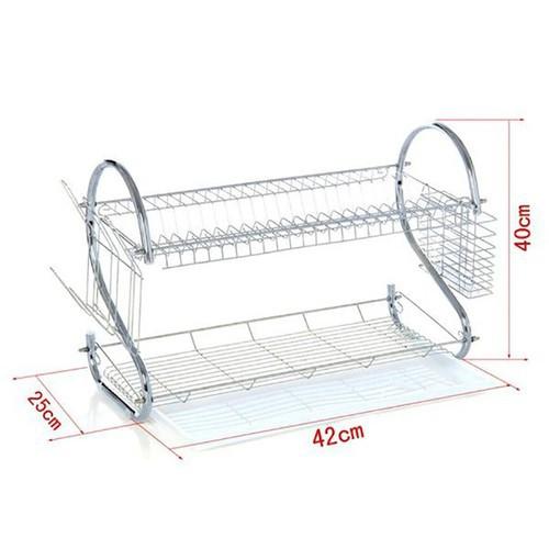 Giá úp bát 2 tầng có khay hứng nước - kệ úp bát 2 tầng chữ S