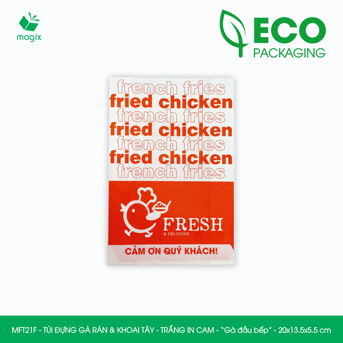 MFT21F - 20x13.5x5.5 cm - 100 Túi giấy MG đựng gà rán và khoai tây chiên, túi đựng thực phẩm