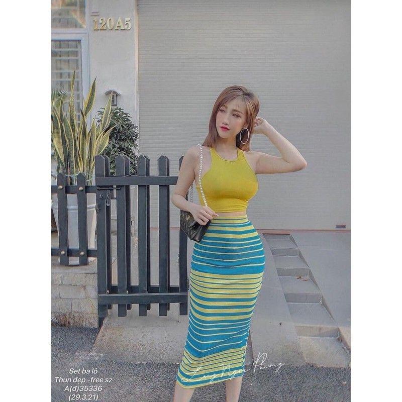 Set Áo crt Kèm chân váy bút chì sọc