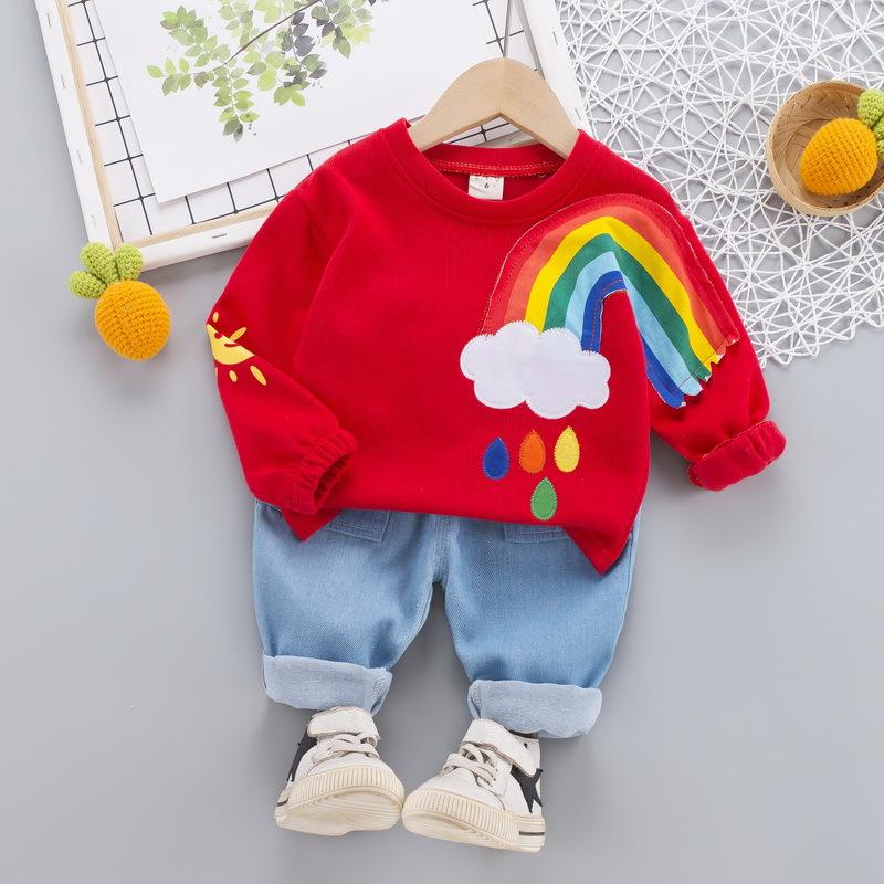 0-4 Năm Tuổi Bộ Quần Áo Bé Trai Mùa Xuân Và Mùa Thu Phù Hợp Với Bé Trai Rainbow Áo Len Cổ Tròn + Quần Jean Thường Ngày quần Áo Cho Bé 2 Phù Hợp Với