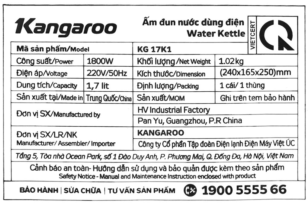 Bình đun siêu tốc Kangaroo 1.7 lít KG17K1 - Hàng chính hãng