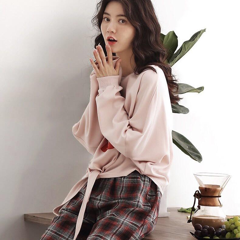 Bộ mặc nhà nữ dài tay vải thun cotton cột nơ quần kẻ