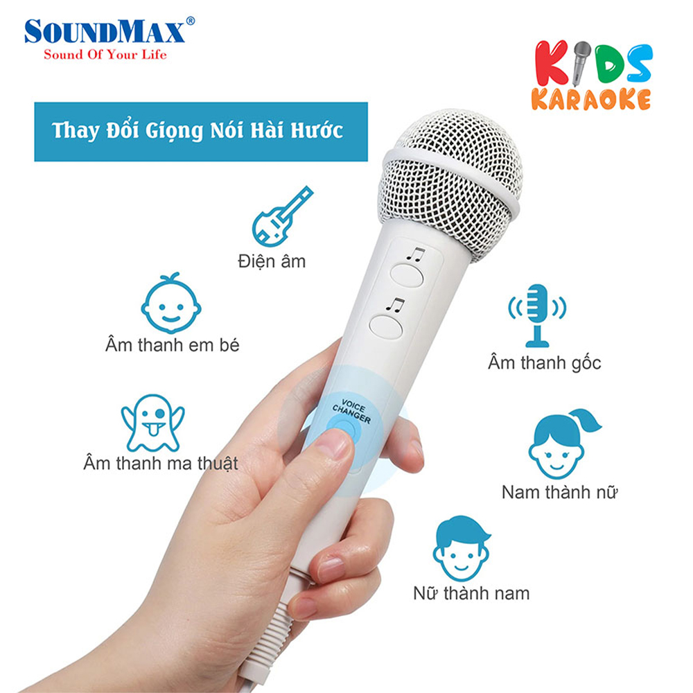 Loa SoundMax Bluetooth KIDS | Loa karaoke trẻ em SoundMax Kids | Loa quà tặng trẻ em | Công suất 20W Hỗ trợ Bluetooth USB karaoke AUX in out Đèn LED RGB Tặng 2 micro có dây - Hàng Chính Hãng