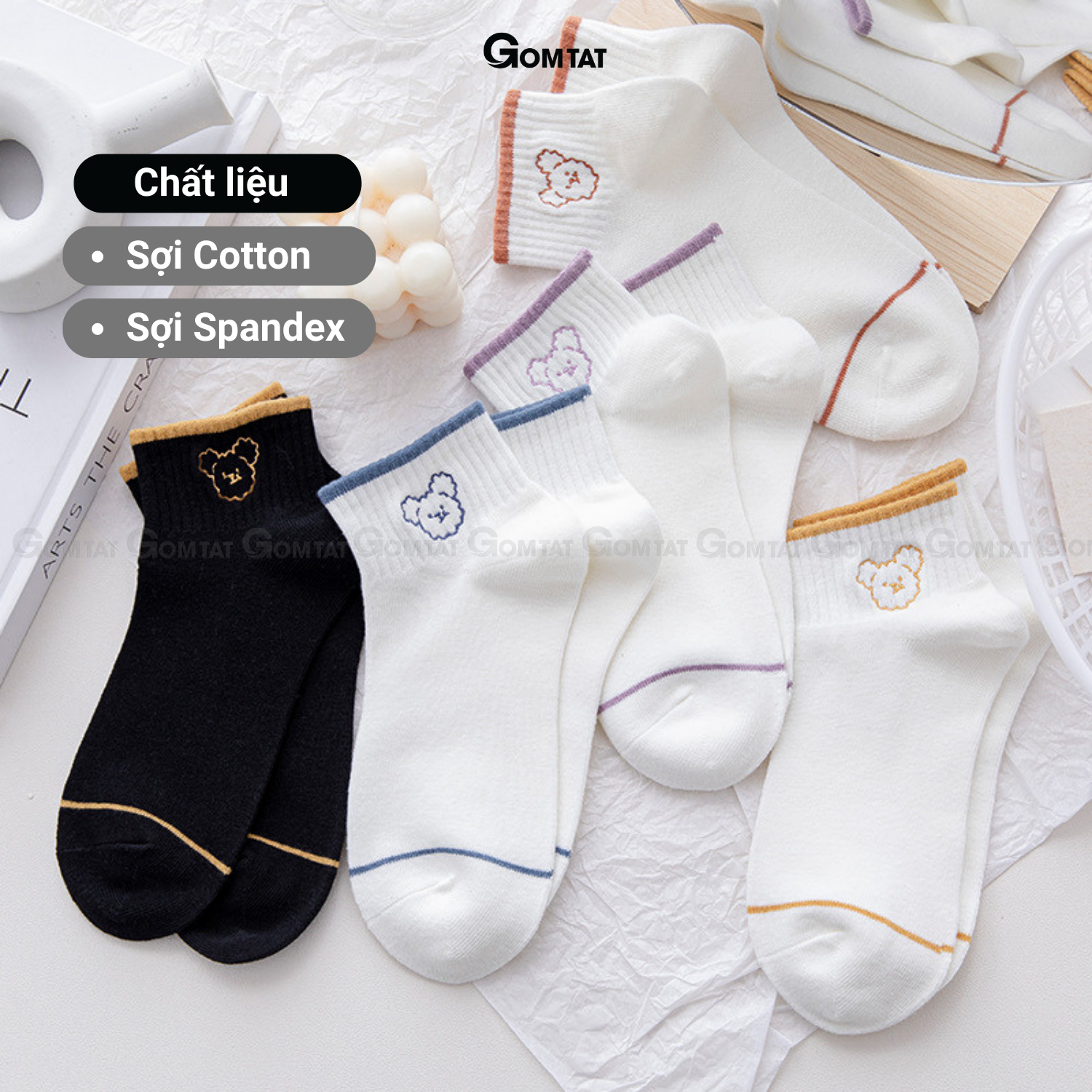 Set 5 đôi tất nữ cổ ngắn họa tiết hình gấu trắng đen, vớ nữ cổ ngắn cực dễ thương – NUCN-HINHGAU-CB5-2