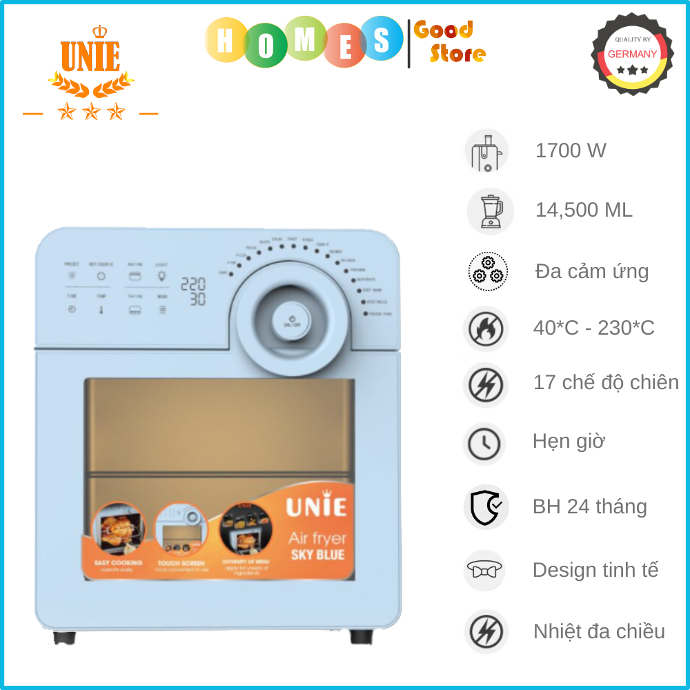 Nồi Chiên Không Dầu Unie Sky Blue Tiêu Chuẩn Đức 17 Chương Trình 14.5 Lít - Hàng Chính Hãng