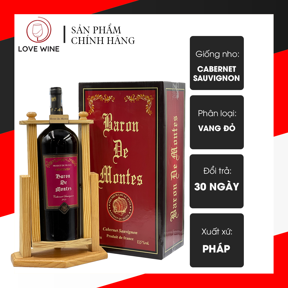 Rượu vang đỏ Pháp Baron De Montes Cabernet Sauvignon 1.5 Lít, 13.5% - Kèm kệ và hộp