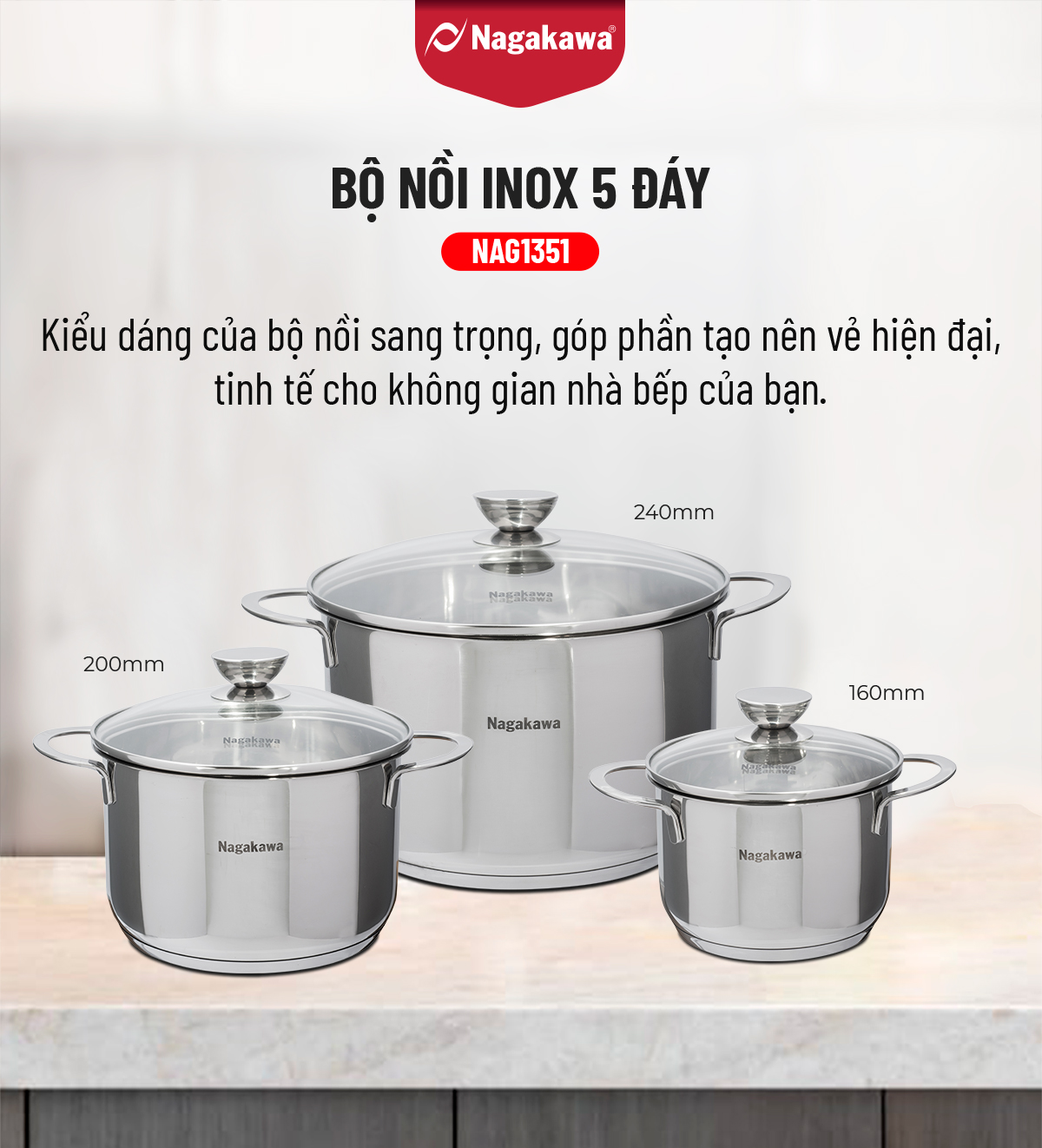 Bộ 3 Nồi Inox 304 Đáy Từ 5 Đáy Nagakawa NAG1351 (16cm, 20cm, 24cm) - Hàng Chính Hãng