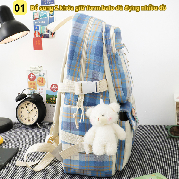 Combo 5 món BH Kids Balo caro nữ, phiên bản Hàn Quốc, vải Nylon chống nước