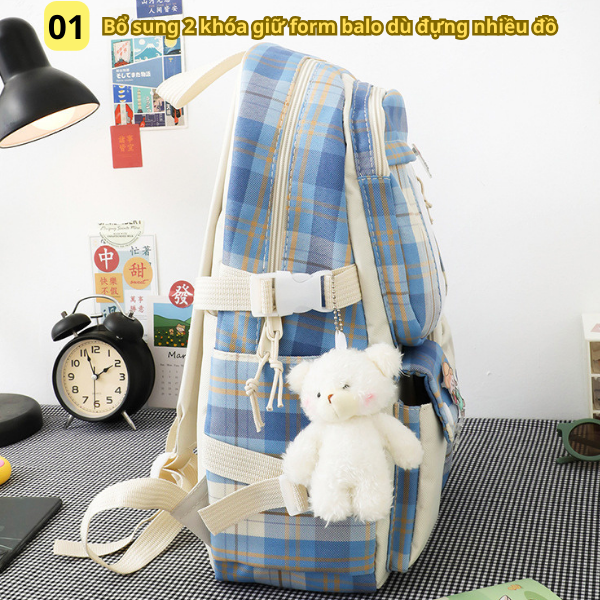 Combo 5 món BH Kids (tặng kèm stick, mica, ảnh và gấu như hình) Balo caro nữ, phiên bản Hàn Quốc, vải Nylon chống nước