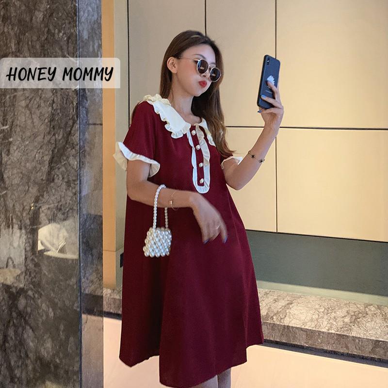 Váy Bầu Hè Ngắn Tay Cổ Sen Phối Tay Bèo Váy Bầu Thời Trang HD2613 Honey Mommy