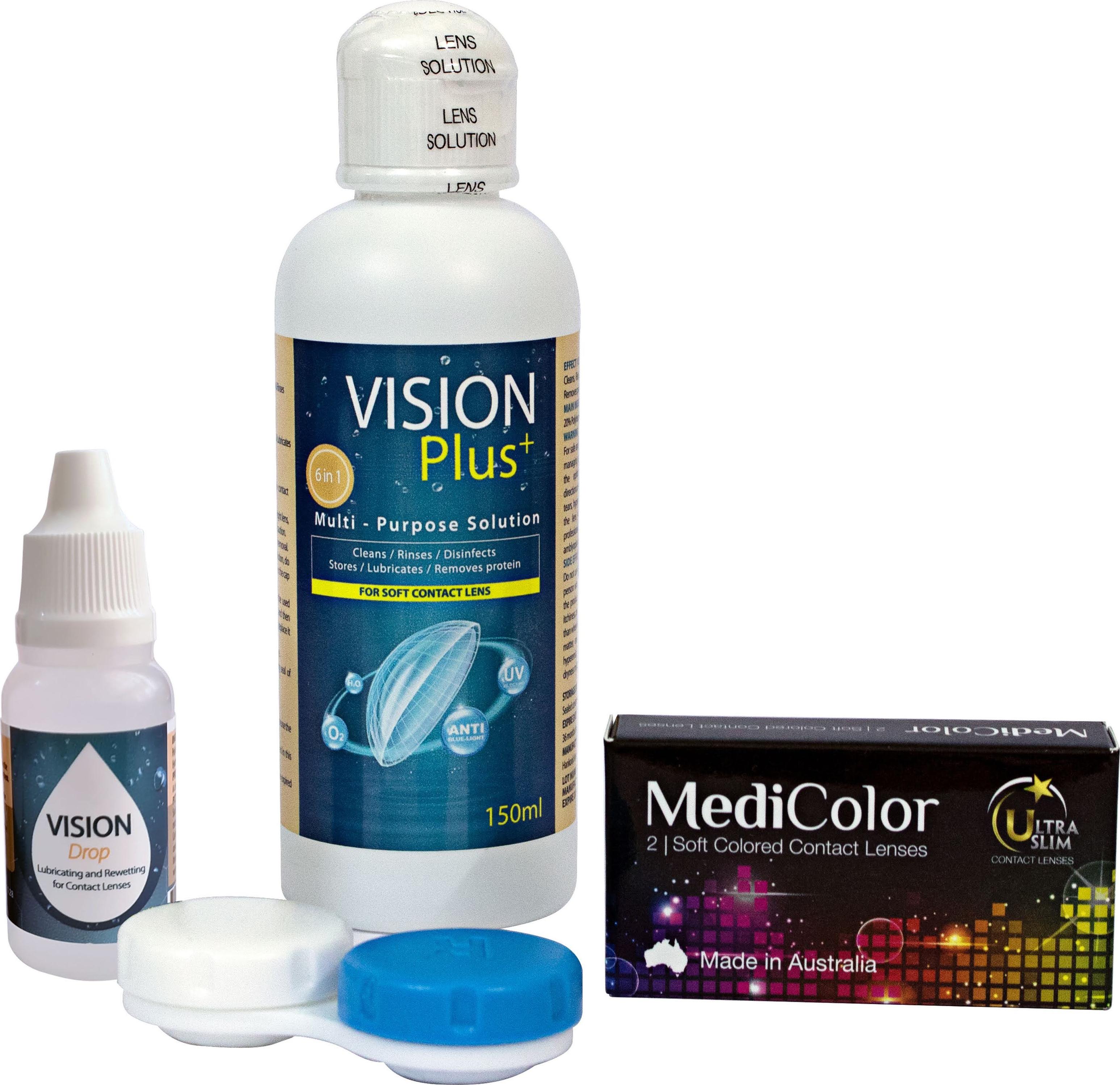 Một Cặp Kính Áp Tròng Australia Màu Nâu Mediclear 3 Tháng + Nước Ngâm + Nước Nhỏ Mắt