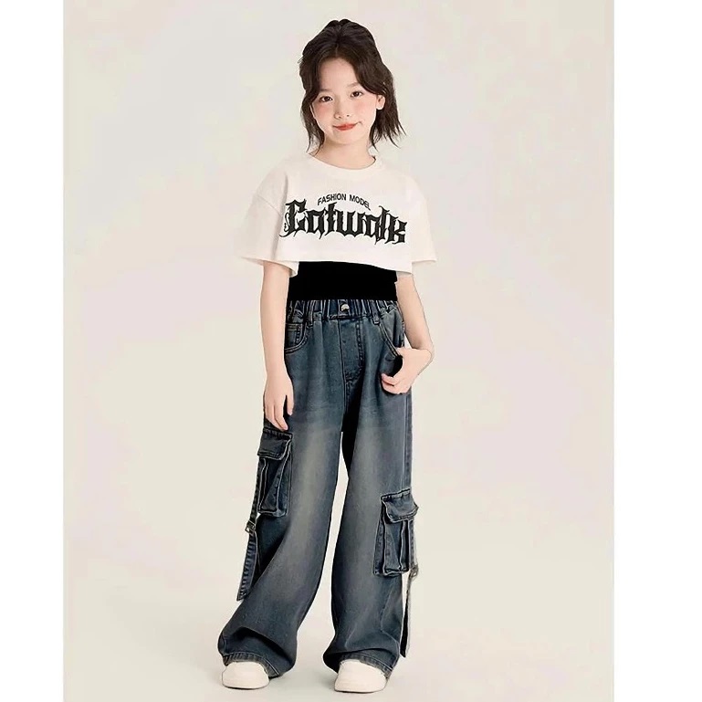 Quần Jean Ống Suông Túi Hộp Dây Bé Gái Phong Cách Hàn, Jean Cotton Mềm Nhẹ – 2 Màu Cá Tính Từ 18-50kg Dành Cho Bé Gái