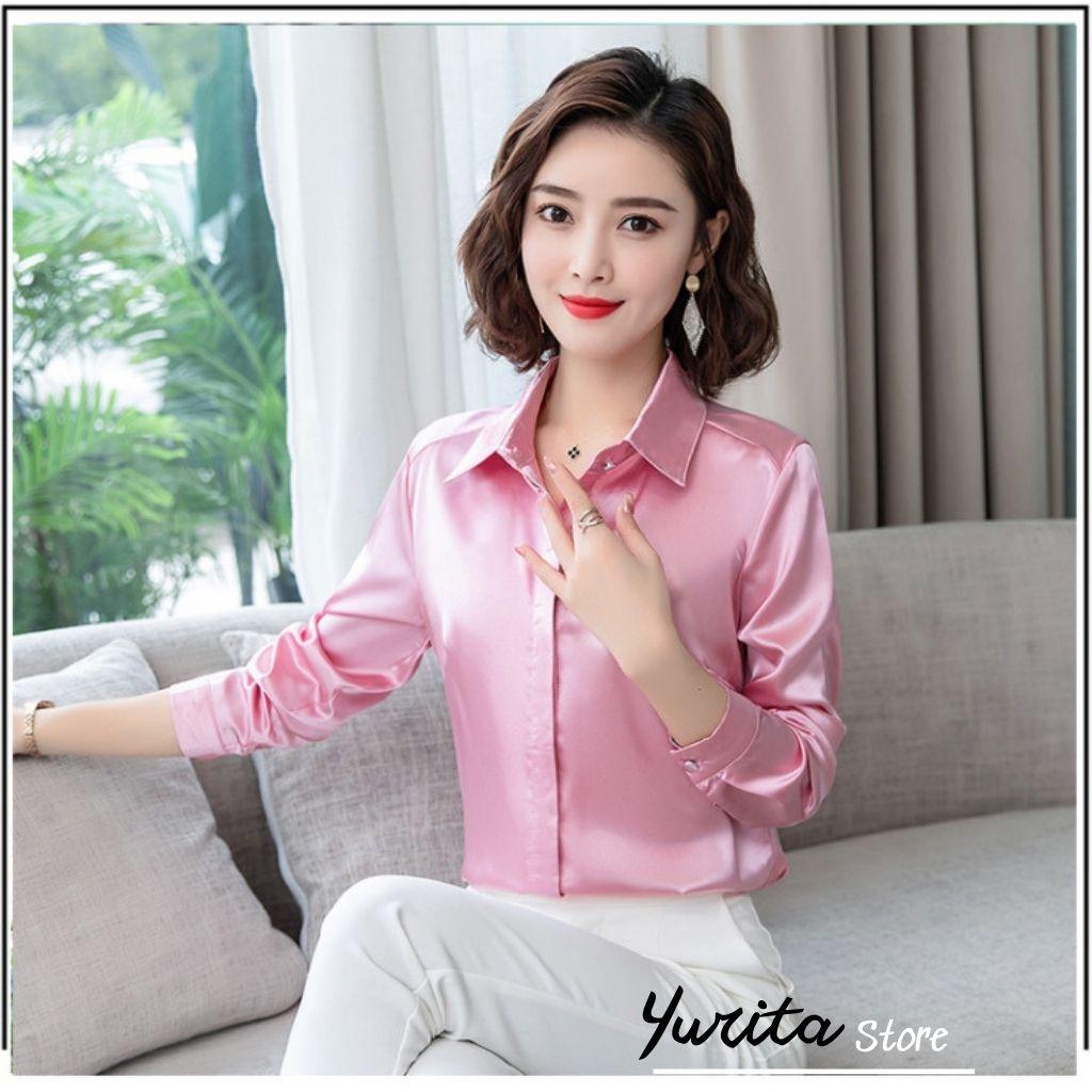 Áo Sơ Mi Nữ Công Sở Màu Hồng Cổ Đức YURITA Kiểu Hàn Quốc Vintage Ulzzang Form Rộng Dài Tay Đẹp Chất Lụa Cao Cấp A2V