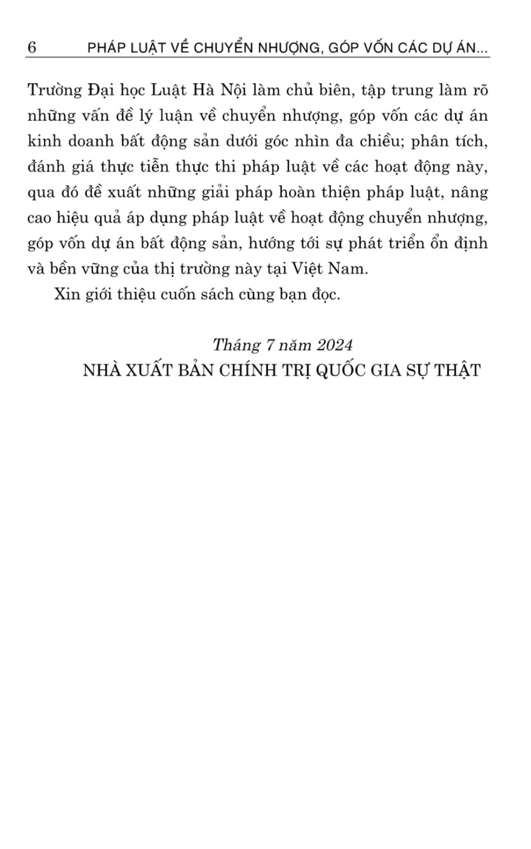 Pháp luật về chuyển nhượng, góp vốn các dự án bất động sản của doanh nghiệp kinh doanh bất động sản (Sách chuyên khảo)