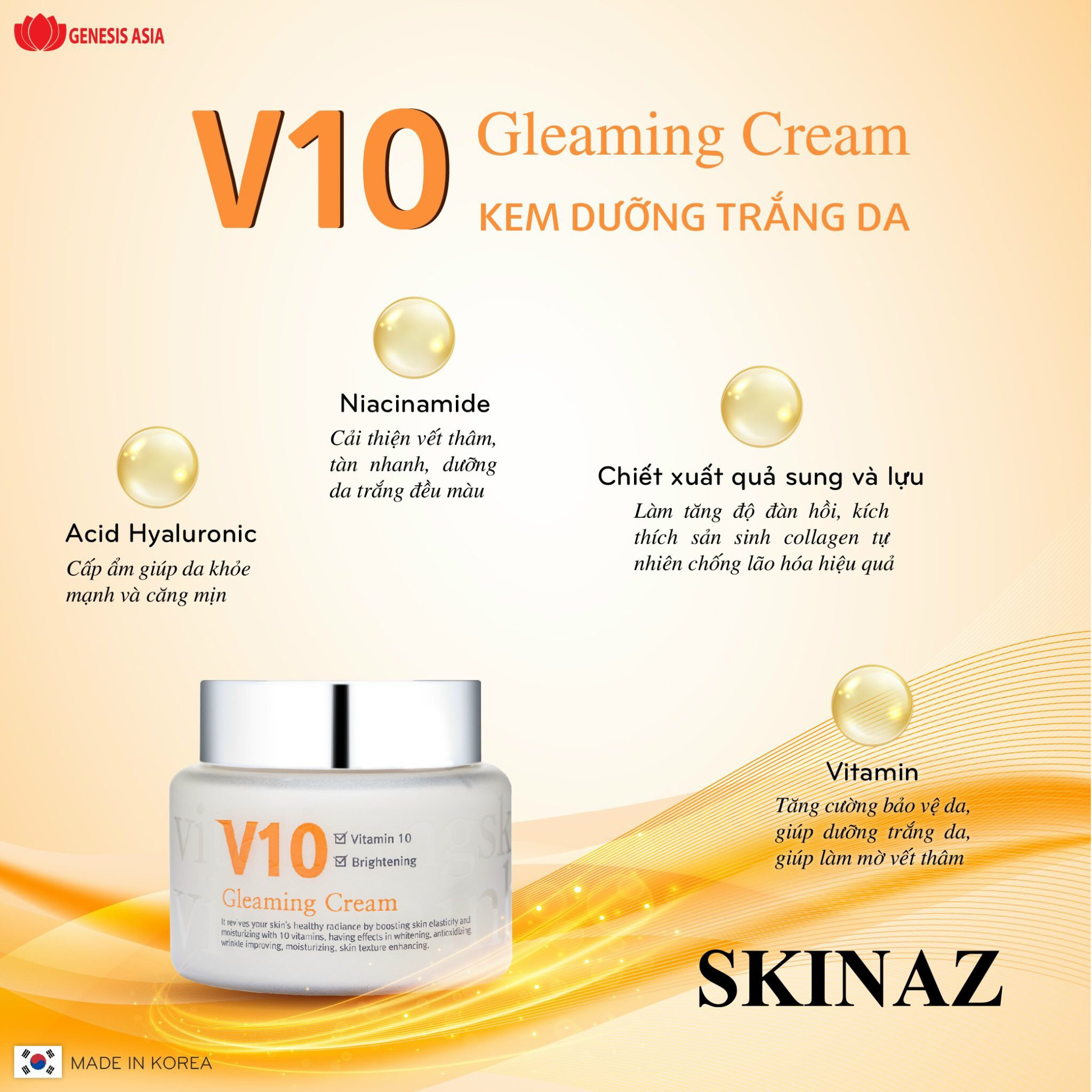 Kem Dưỡng Trắng Da V10 Skinaz Hàn Quốc