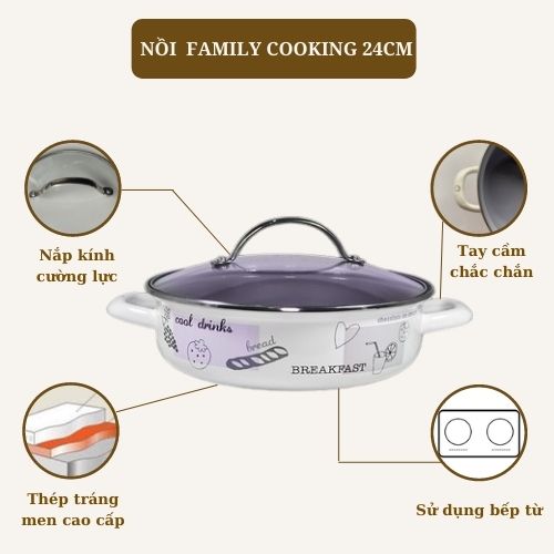 Nồi thép tráng men nhập khẩu cao cấp 24cm, màu sắc trang nhã, hiện đại