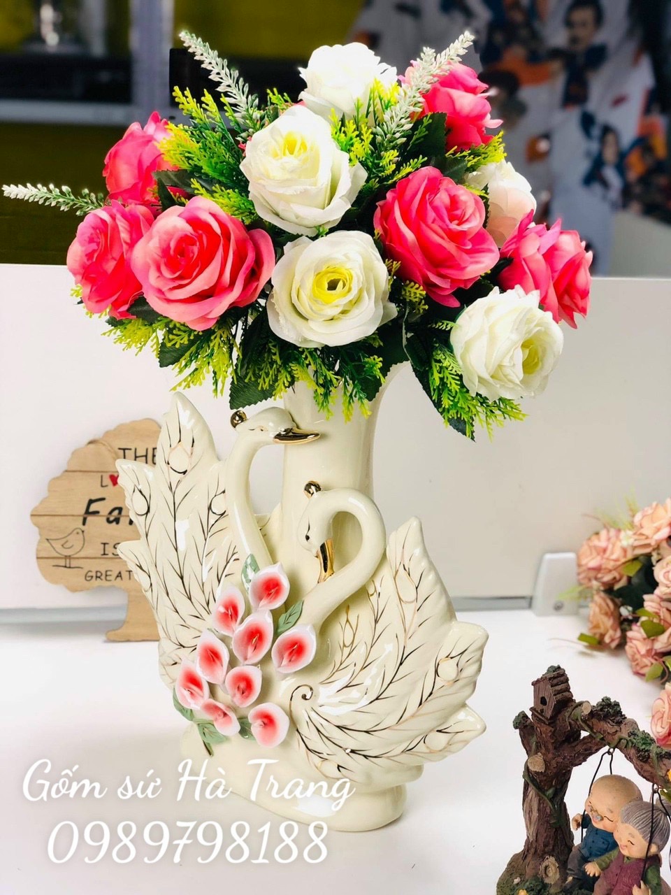 Lọ hoa gốm sứ cao cấp công đôi cao 33cm