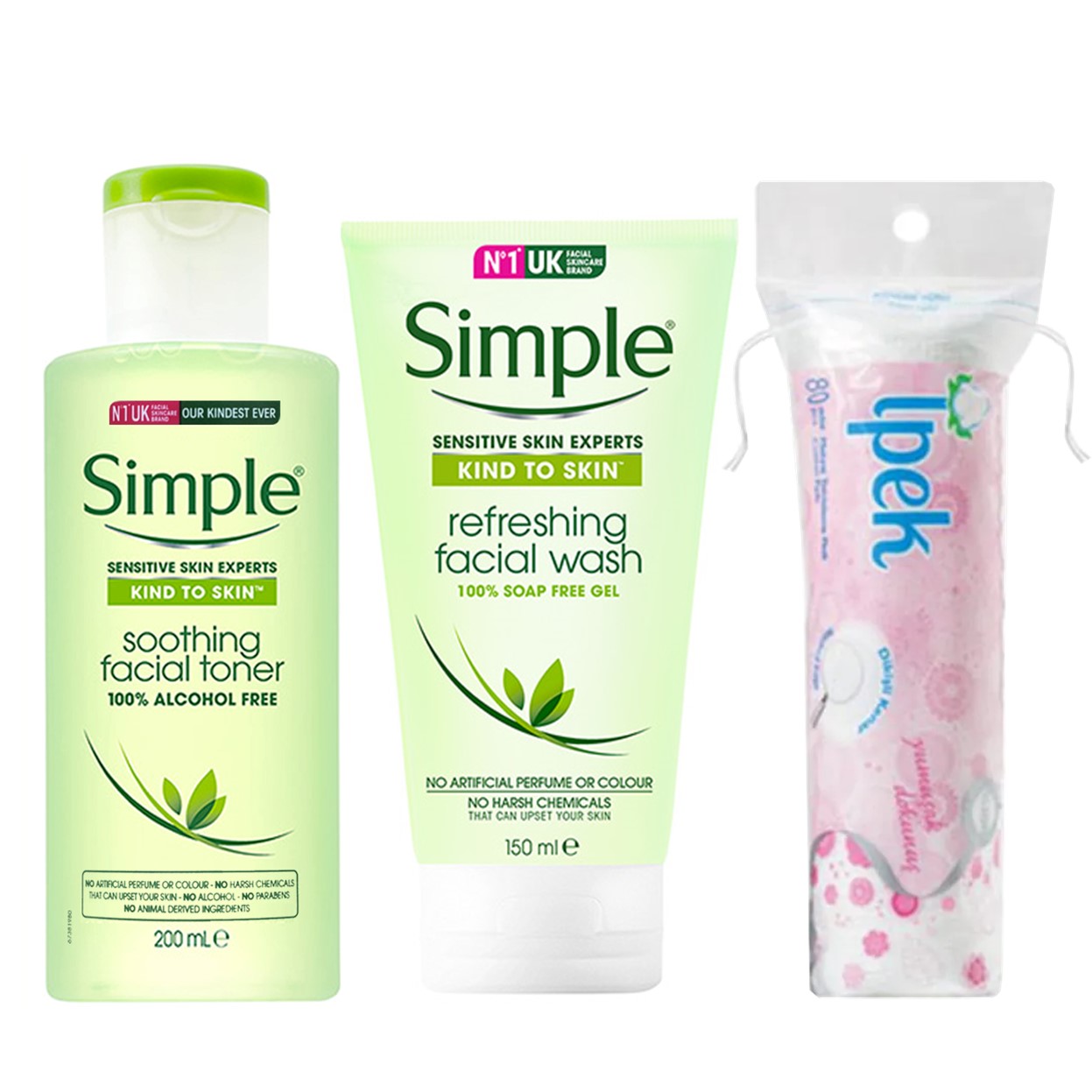 Combo Gel Rửa Mặt Simple 150ml Và Nước Hoa Hồng Simple 200ml + Tặng Bông Ipek 80 Miếng