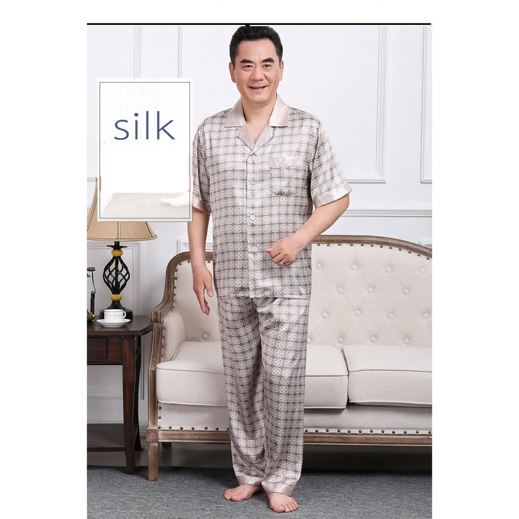 Bộ pyzama lụa ngắn tay mặc nhà nam trung niên_hàng sẵn