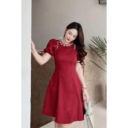 ĐẦM ĐỎ TAY PHỒNG ĐÍNH HOA XINH XẮN