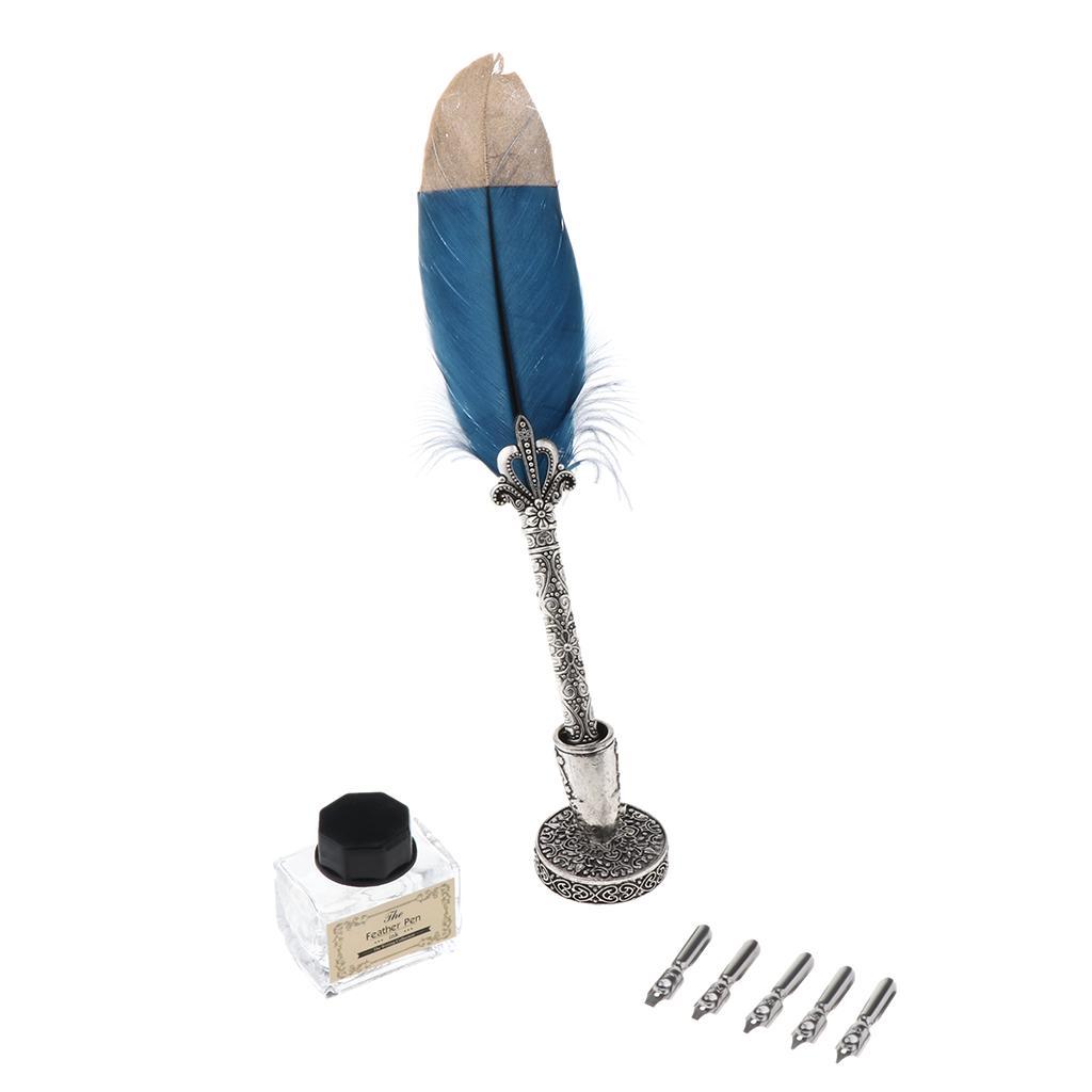 Feather Quill Pen Set, Dip Pen with 5 Nibs and Ink Bottle Pen Holder Calligraphy Pen in Gift Box for Student Teacher