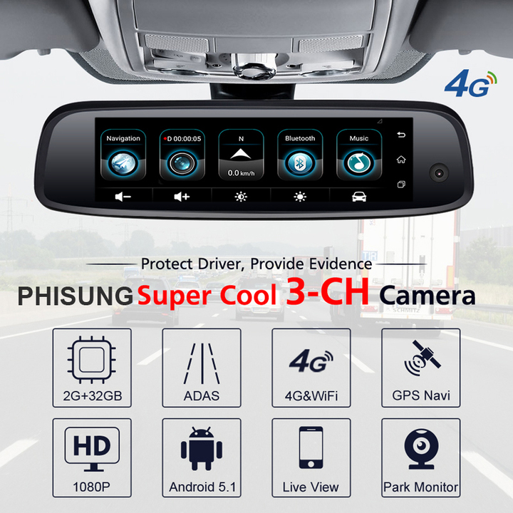 Camera hành trình cao cấp Phisung E09-3 tích hợp 3 camera, 4G, Android, Wifi - Hàng nhập khẩu