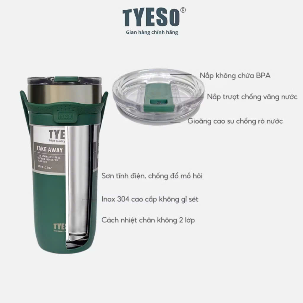 Cốc ly giữ nhiệt Tyeso TS8766B-550ml, TS8767B-710ml bằng thép không gỉ 304  Chống tràn &amp; Giữ nhiệt 12 tiếng