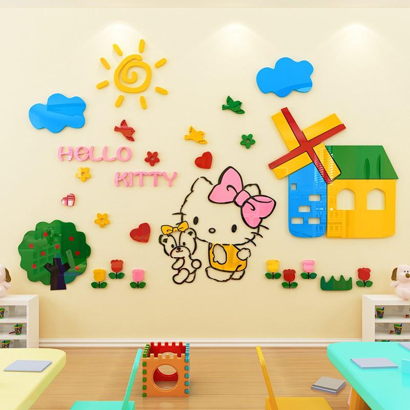 Tranh dán tường mica 3d decor khổ lớn khu vườn của hello kitty trang trí mầm non, mẫu giáo, phòng cho bé