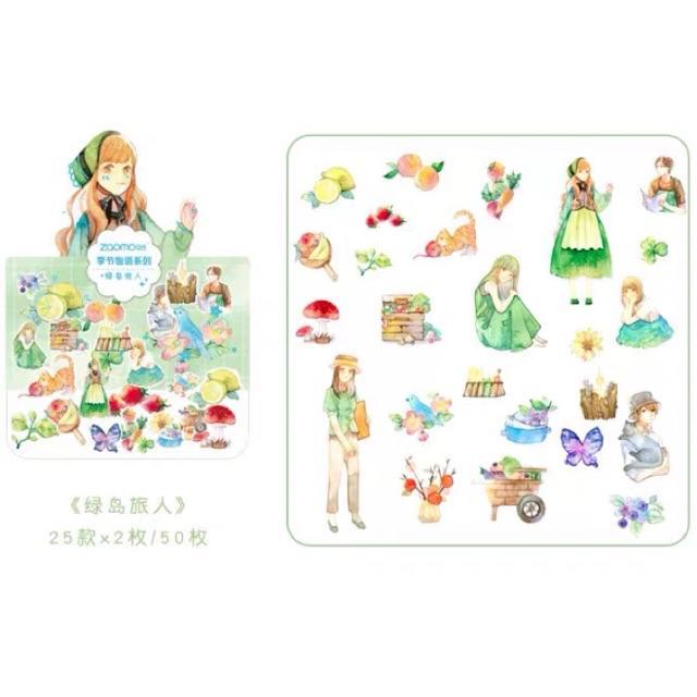 Gói 50 stickers cô gái xinh xắn có nhũ vàng