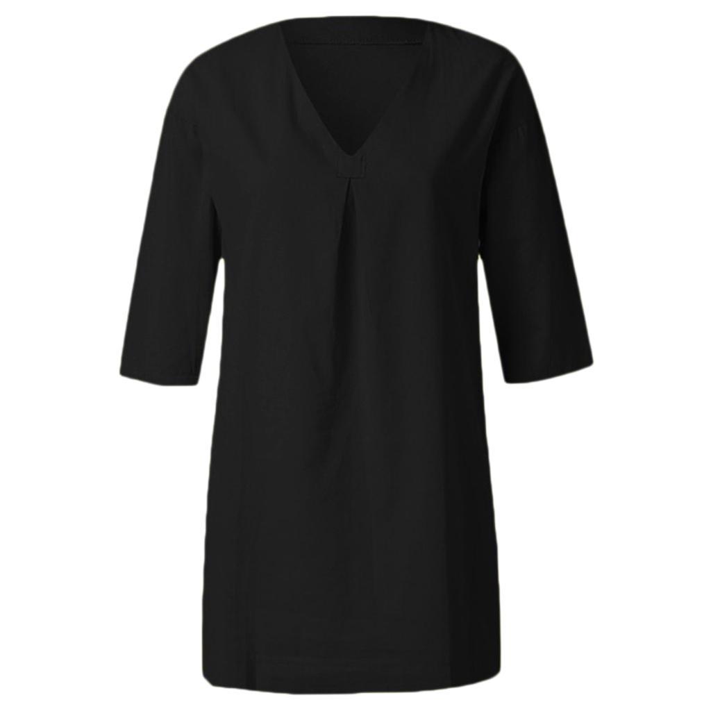 Blouse Loose Casual Neck V Shirt 3/4 Sleeves Top in Breathable Cotton Beach Cover Up Dress Beach