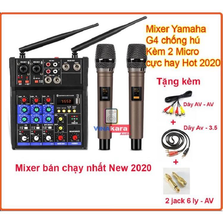 Mixer Bàn G4-USB + Tặng Kèm 2 Micro UHF cao cấp, chống hú, new 2020 hát Karaoke, Livestream