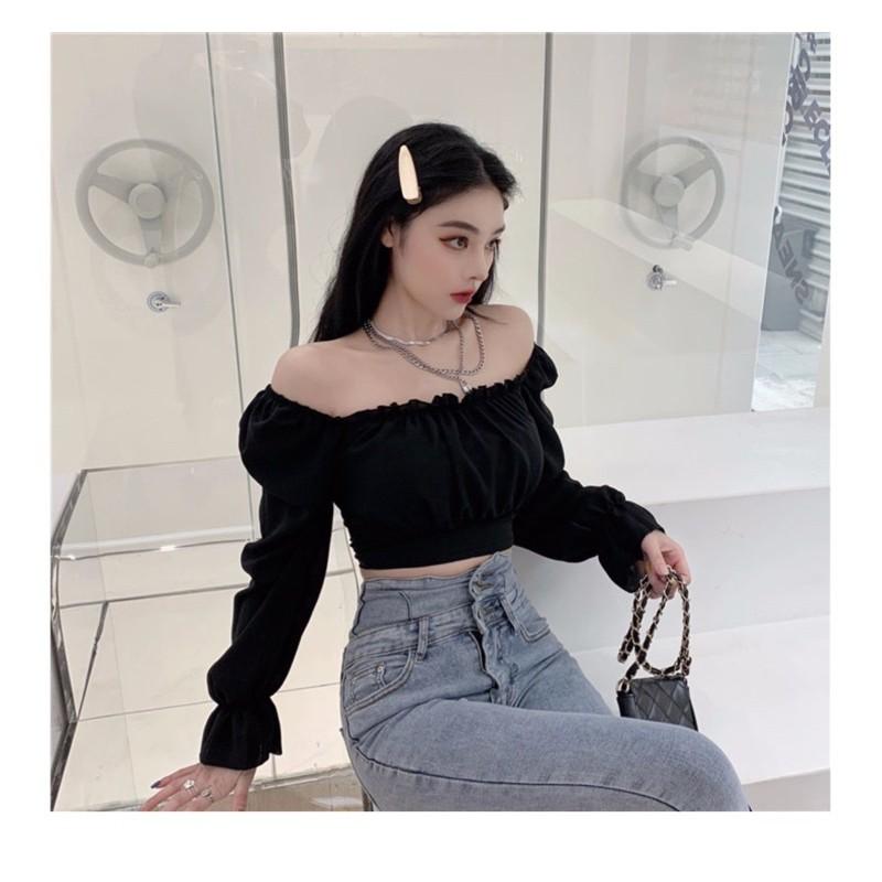Áo kiểu trễ vai croptop đan dây nơ lưng mẫu 2021