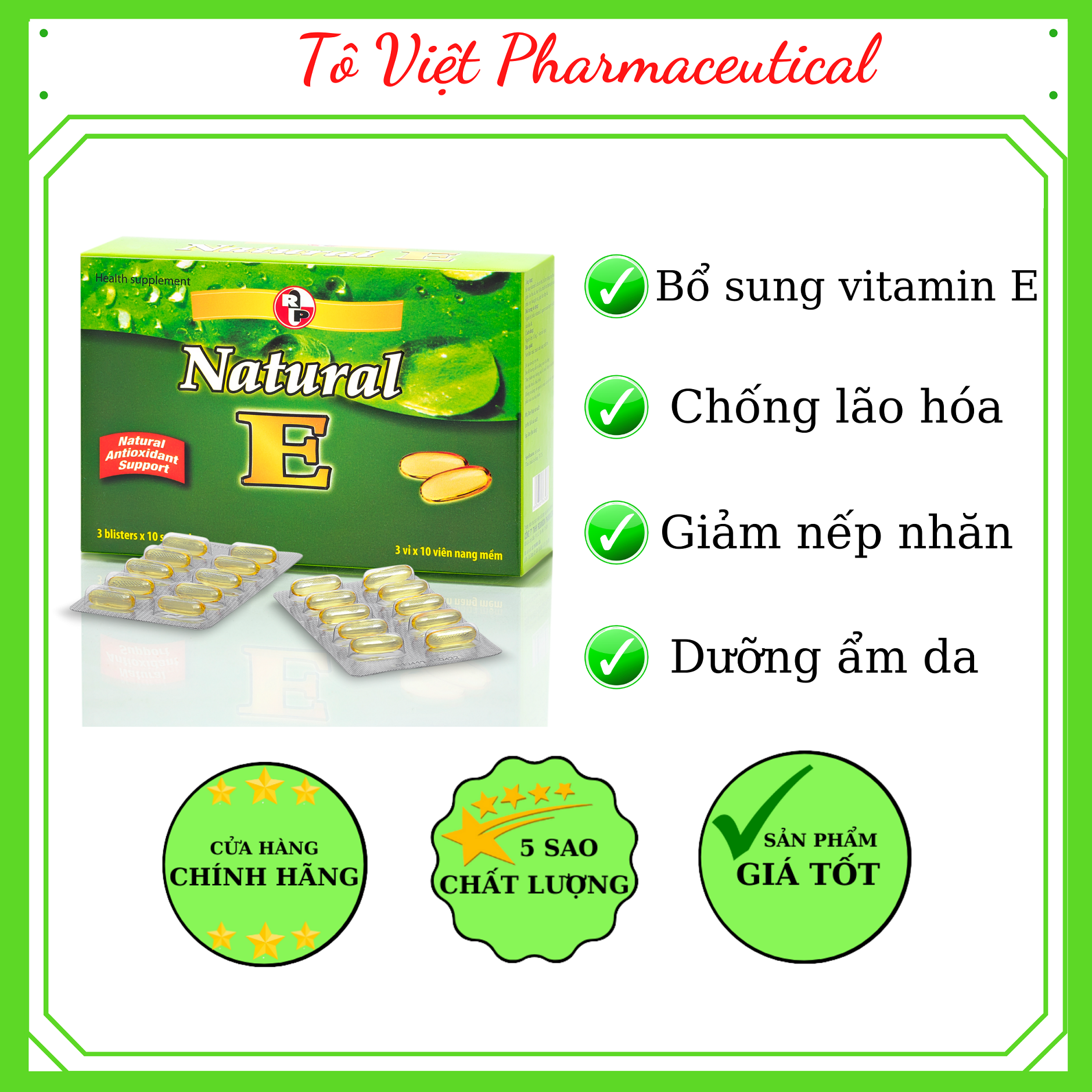 TPCN- Robinson Pharma USA- Natural E - Viên uống bổ sung vitamin E, giúp đẹp da, ngăn ngừa lão hóa, tái tạo da (30 viên)